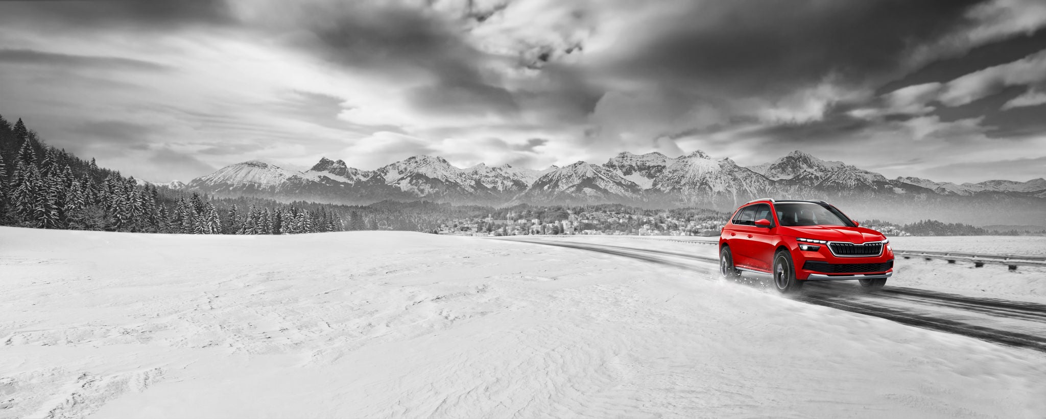 Matador Mp93 Visual 2020 - Red Car on snowy Road with Mountains in Backround